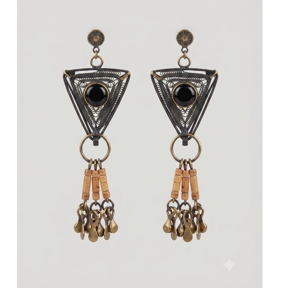 Vintage‎ Boho Brass Filigree Triangle Drop Earrings Black Stone Wood Bead Dangle